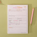 A5 content planner pad showing a clean layout with sections for post topic, date, value proposition, format selection (post/story/reel), platforms, hashtags, and caption space. Pink and orange text headers on white recycled paper, with a pink pencil beside it on a sage green background.